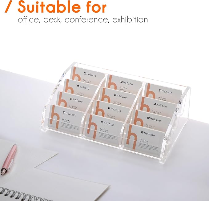 HeZone Business Card Holder Display for Desk Muitiple, Clear Acrylic Business card Stand Rack for Women and Men 12 slots 4Tier, Organize 600 cards (12 Slots
