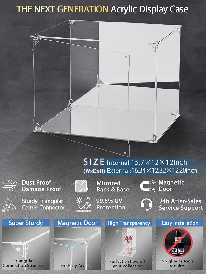 Clear Acrylic Display Case with Mirrored Back and Base, UV Protected Acrylic Box with Magnetic Door, Dustproof Display Box Showcase for Collectibles, Figures, Models, Toys (15.7x12x12inch)