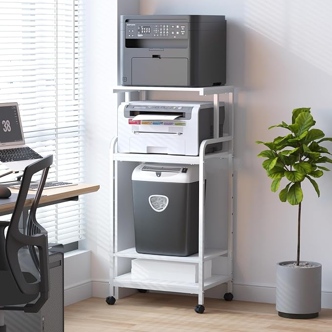 Arbuxzuy 4-Tier Printer Stand with Storage Shelf, Mobile Printer Table for Home Office, Adjustable Stand for Printer, Scanner, Fax (White)