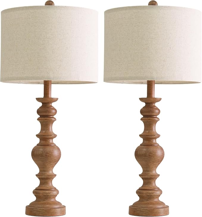 BOBOMOMO 27" Light Brown Table Lamps Set of 2, Large Farmhouse Resin Lamps with Linen Shades, Rustic Vintage Lamps for Living Room, Bedroom, Console Table or Entryway Home Lighting