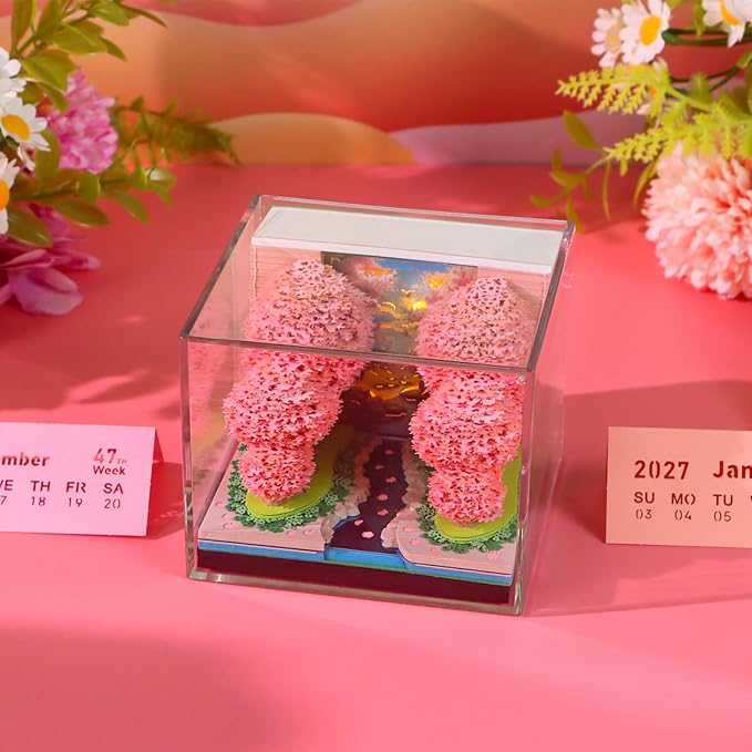 Time Piece Calendar 2027 Desk Calendar with LED Light 3D Tear-away Paper Carving Art Memo Pad Notepad Gift for Christmas Housewarming Desktop Decoration (Peach forest)