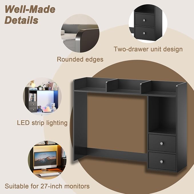 ChooChoo Desktop Bookshelf with LED Lights and 4 Shelves | 36.6", 2 Drawers, Fits 27" Monitor, Desk Organizer Shelf, Dorm Office Home, Black