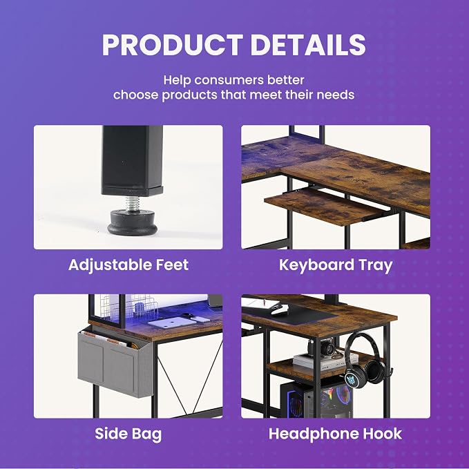 DUMOS 67" L Shaped Gaming Desk, Reversible Computer Desks with LED Lighting | Corner Desk for Compact Spaces, Keyboard Tray & Storage Shelf, Home Office, Rustic Brown