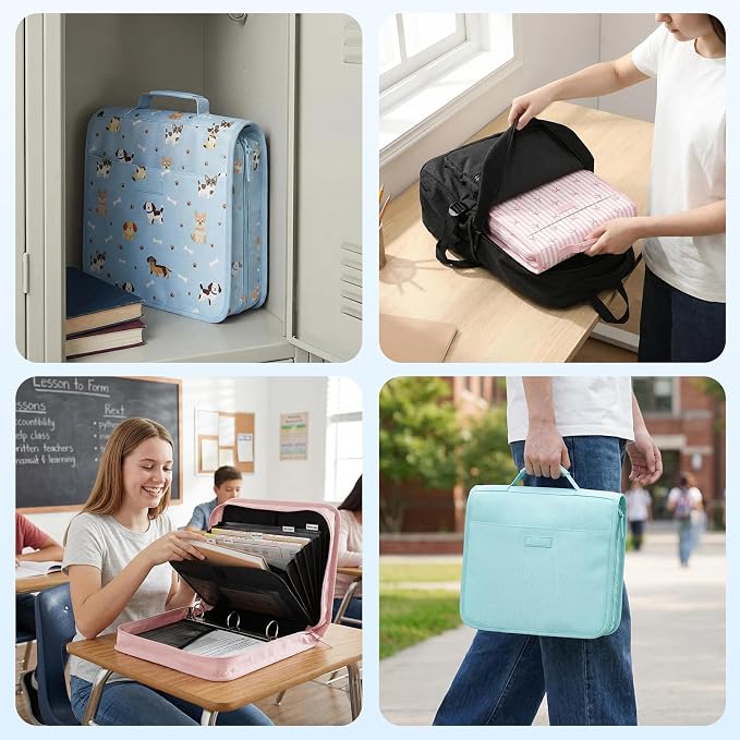 SUNEE Zipper Binder with Handle, 1.5 Inch O-Ring, 325 Pages Capacity, with 5-Tab Expanding File Folder for Classified Storage, Small Size Lightweight Zipper Bag for Middle School Students, Blue Dog