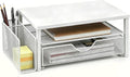 Spacrea Desk Organizer and Accessories, Computer Monitor Stand Riser with Drawer and 1 Open Pen Holder, Printer & Laptop Stand, Office Desk Accessories for Home Office Supplies (White)