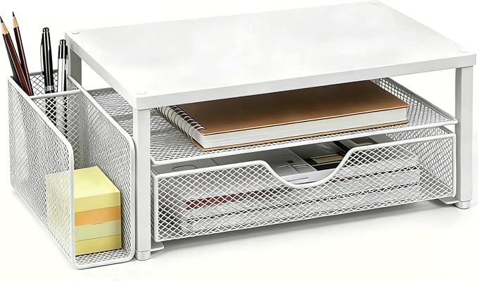 Spacrea Desk Organizer and Accessories, Computer Monitor Stand Riser with Drawer and 1 Open Pen Holder, Printer & Laptop Stand, Office Desk Accessories for Home Office Supplies (White)