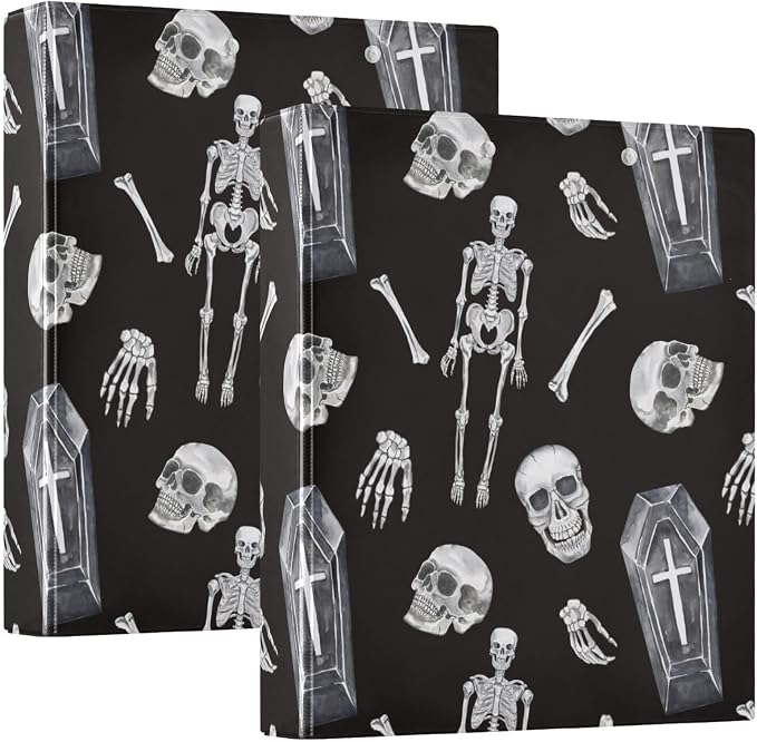 Coffin Skull Skeleton Binder 1.5 Inch Binder with Clipboard&Pockets, Black and White Goth Hardcover Binders 3 Ring Heavy Duty File Folder for Office School Supplies-Holds 200 Sheets, 2 Pack