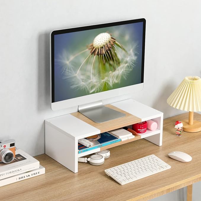 TEAMIX 20 inch Monitor Riser Stand - 2 Tiers, Wood Morden Desktop Bookshelf | Laptop/PC/Printer/Keyboard Storage, Ergonomic Design, 15mm thick Sturdy Wood Boards, TV Stand, Home Office Desk Accessories