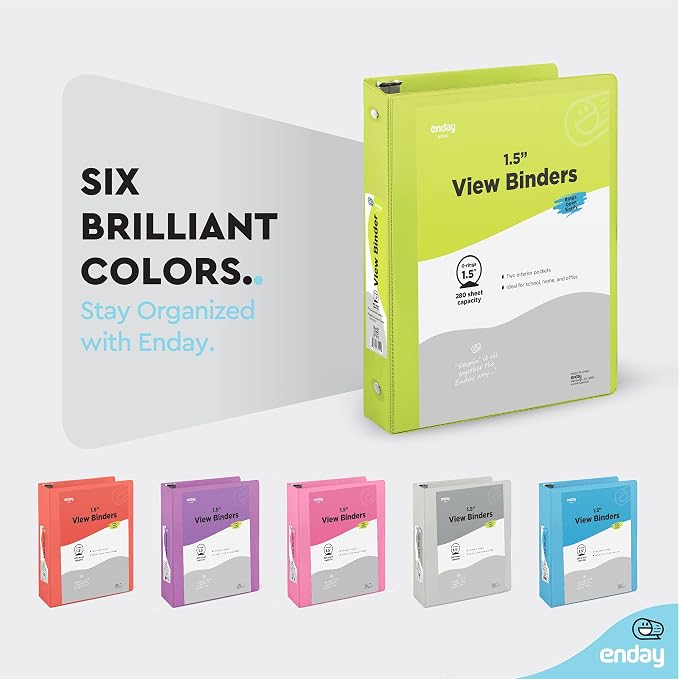 Enday 1.5 Inch Binder (12 Pack - Assorted Colors) 3 Ring Binder 1.5 inch with Clear View Cover and 2 Inside Pocket - for Letter Size 8.5 x 11'' Paper, Ideal for School Supplies, Office, and Home