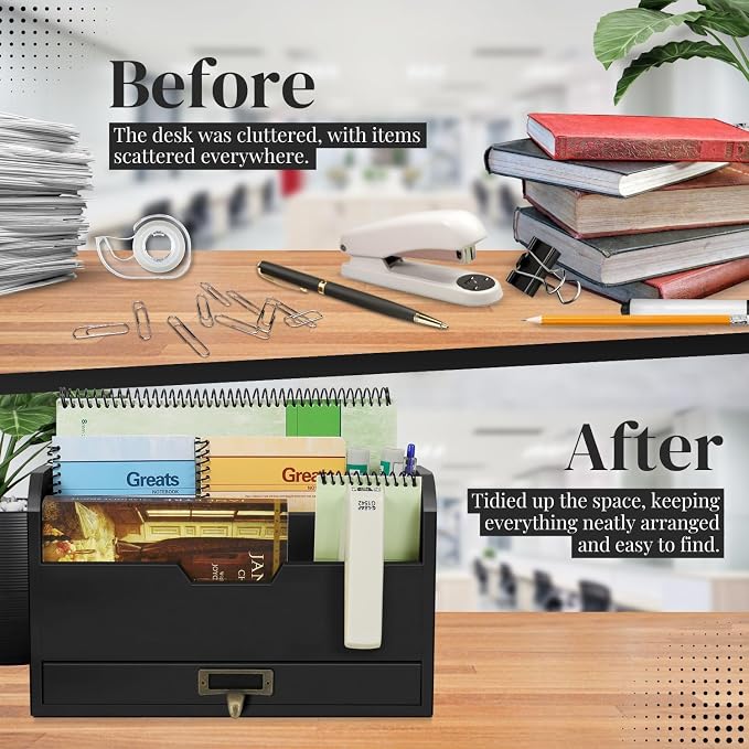 Flexzion Wood Desk Organizer, 3-Tier Mail Organizer w/Drawer, Light Brown | Countertop Bill and File Organizer with 3 Compartments, a Drawer, and 12-Inch Inner Width for A5 Paper and Us Letter Folders