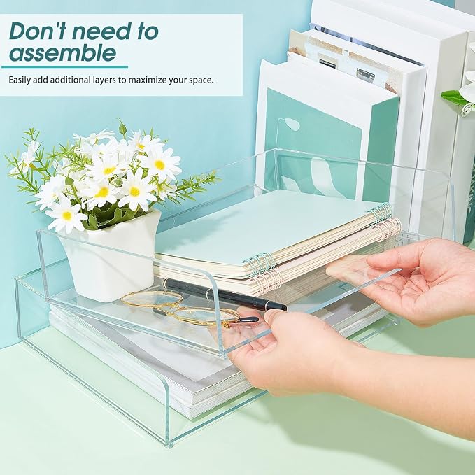 2 Pcs Stackable Acrylic Desk Organizers Paper Tray Storage Tier Accessories Paper File Office Organizer Tray Stackable Document Clear Desk Accessories for Office Workspace Organization