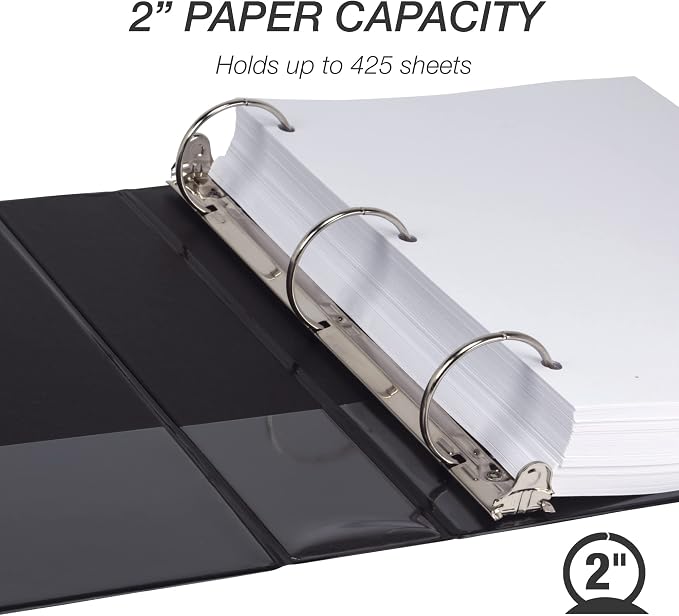 Samsill 2 Inch 3 Ring Binder, Economy Round Ring, Clear View Cover, 425 Sheet Capacity - for School, Home, Office - Charcoal Black