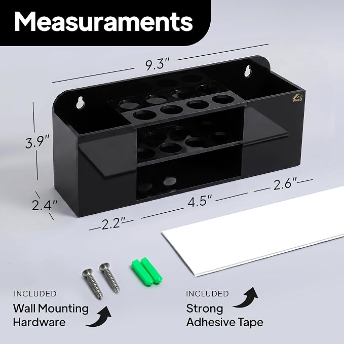 Strong magnetic dry-erase whiteboard holder, 8-slot acrylic pen organizer with glass and wall mounting hardware for refrigerator, office, and classroom. Markers, Eraser, Cleaner Not Included (Black)