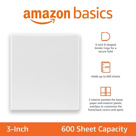 Amazon Basics 3 Ring Binders, 3 Inch D-Ring Organizer for School, Home Office, Paper Storage, White, 2 Pack