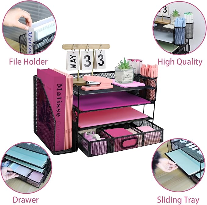 Desk Organizers and Accessories with File Holder, 4-Tier Paper Letter Tray Organiser with Drawer and 2 Pen Holder, Mesh Desktop Document Organizer for Office Supplies, Workspace - Black