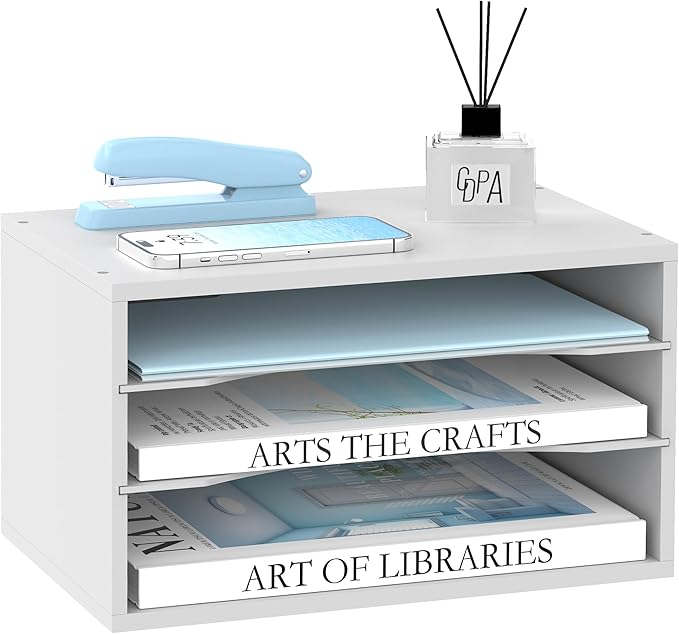 3 Tier Wood Desk Organizer, Mail Sorter and Paper Organizer for Desk, White | Wooden Desktop Organizer for Sorting Papers, Letters and Mails, Literature Organizer for Home Office, Classroom Organization