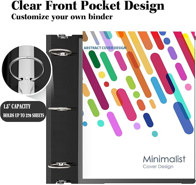 INFUN 1.5 Inch Telescoping 3 Ring Binder - 6PCS, Flexible Round Binder with Customizable Front Cover and Clear Catalog Pocket, 1.5Inch Rings, Black–Perfect for School, Office & Home