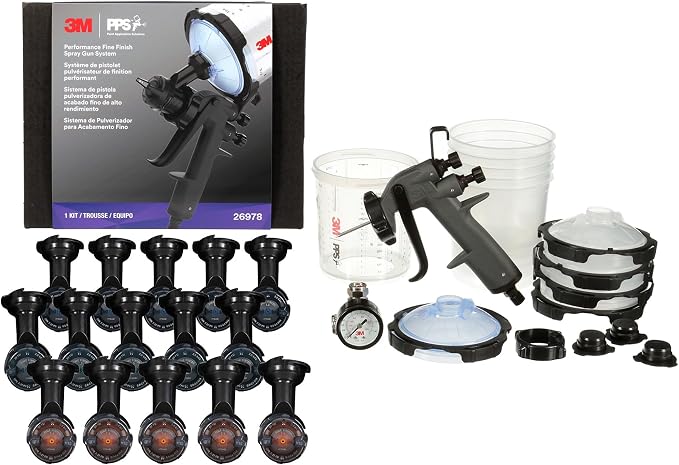 3M Performance Fine Finish Spray Gun System 26978 | Incl. PPS 2.0 Cup System, 15 Repl. Gravity Fine Finish HVLP Atomizing Heads; Air Control Valve