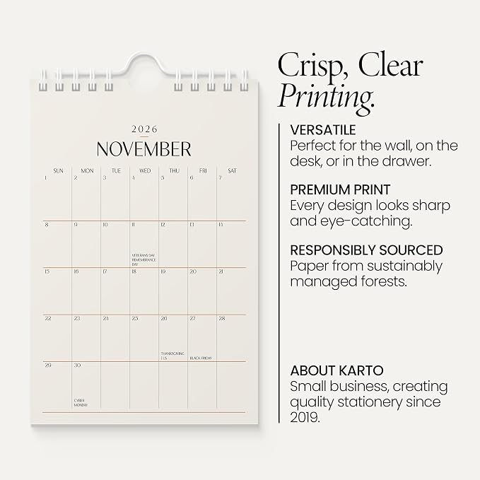 Karto Small Wall Calendar 2026-2027 6x9 in - Beige | July 2026 to December 2027, Vertical, Boosts Productivity, Easy Monthly Planning
