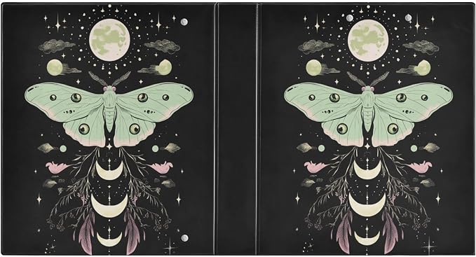Green Pink Floral Luna Moth Binder 1.5 Inch Binder with Clipboard&Pockets, Gothic Moths Hardcover Binders 3 Ring, Heavy Duty Large File Folder for Office School Supplies-Holds 200 Sheets, 2 PC
