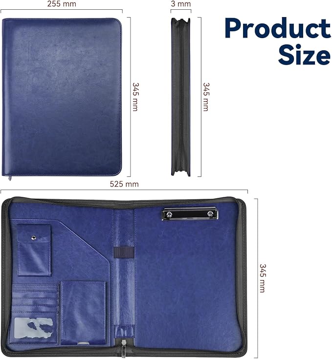 WRIYES Zippered Padfolio Organizer, Blue, 10.2 Inch Portfolio Folder | Leather Planner Binder, For Documents, Letter Size, Business Card Hold