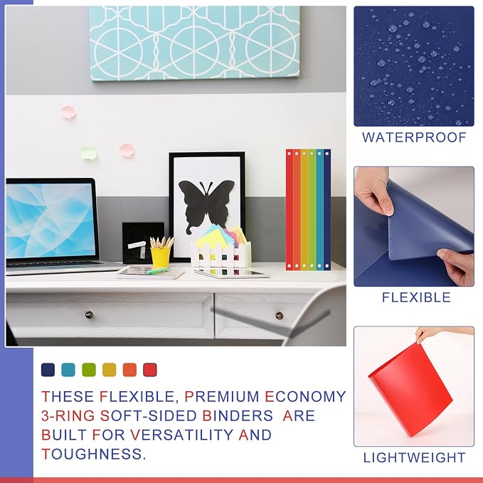 Fulmoon 6 Pack 0.5 Inch Plastic 3 Ring Binders with Pockets, Rainbow Colors | Flexible Covers with Round Rings and Front Pockets for Organizing Papers at School, Office, Meetings and Presentations