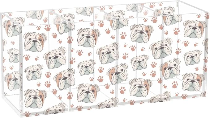 English Bulldog Dog Paw Print 4 Compartment Acrylic Pencil Holder, Printed Pencil Holder Makeup Brush Holder Acrylic Desktop Accessories for Pencil Cutlery Toiletries Storage