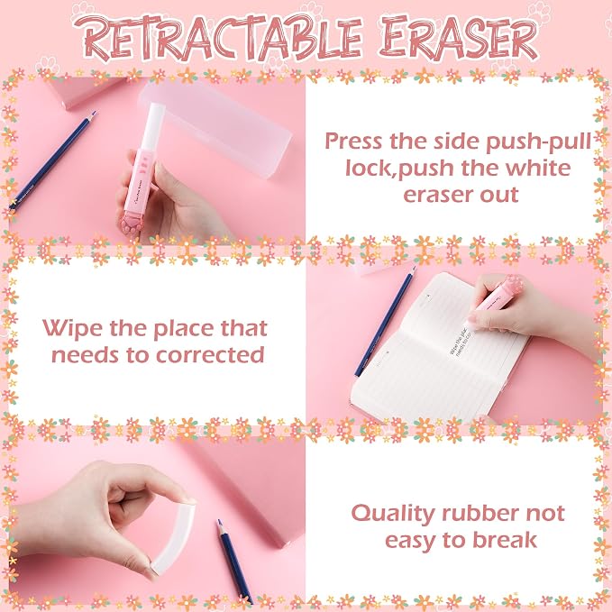8 Pcs Cute Cat Paw Stationery Set Kawaii School Office Supplies Including Eraser Correction Tape Highlighters Sticky Notes Ruler for Cat Lovers Students (Pink)