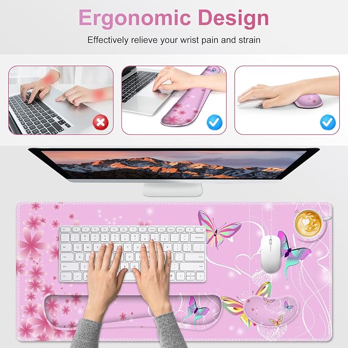 Pink Butterfly Desk Mat, Florals 4 in1 Large Gaming Mouse Pad Set, Ergonomics Keyboard Pad with Memory Foam Wrist Rest, Extended Game Mousepad Non-Slip Desk Protector Matt Easy Typing Pain Relief
