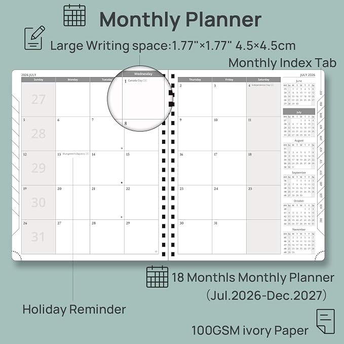 POPRUN 2026-2027 Monthly Planner, Large 8.5" x 10.5", 18 Month Calendar