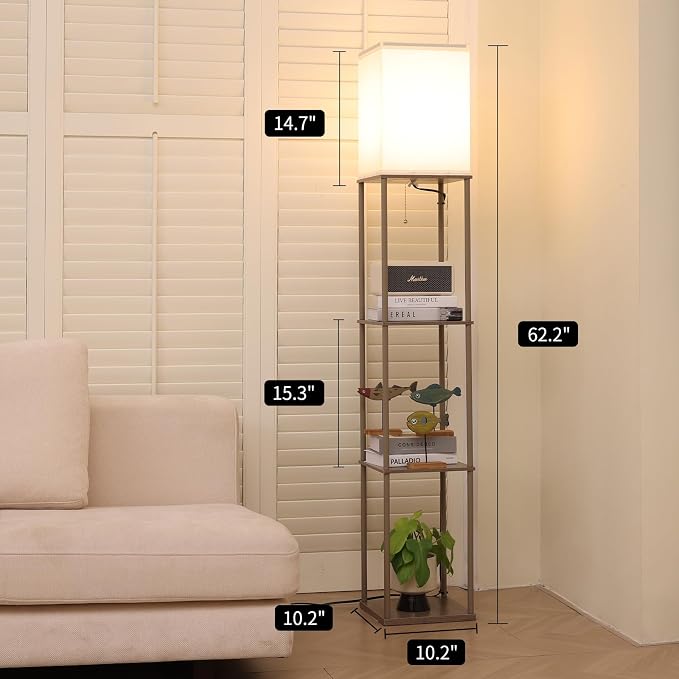 Gupuzm Floor Lamp with Shelves, Modern Square Standing Lamp with 3 Color Temperature Bulb, Corner Display Bookshelf Lamp for Living Room, Bedroom and Office （Grey）