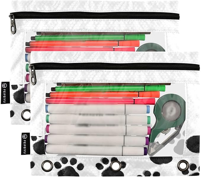 Custom Black Paws Print Pencil Pouch for 3 Ring Binder, 2 Pack Personalized Name Waterproof Pencil Bags Clear Window Pencil Case School Office Supplies