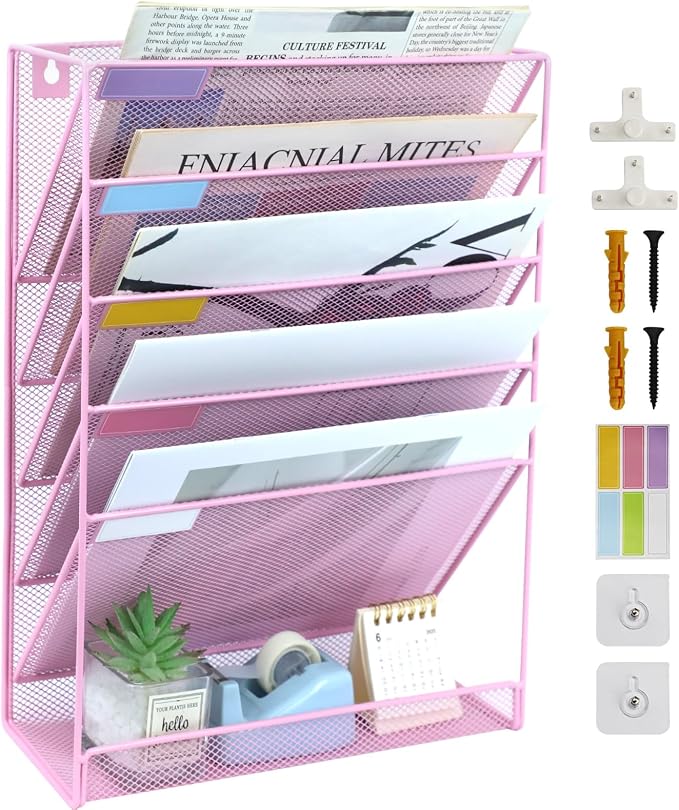 5 Pockets Mesh Wall File Holder Organizer with Bottom Flat Tray, Office Hanging File Folder Magazine Rack, Nametag Label Hooks Set Included, Pink