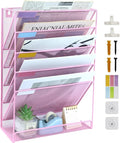 5 Pockets Mesh Wall File Holder Organizer with Bottom Flat Tray, Office Hanging File Folder Magazine Rack, Nametag Label Hooks Set Included, Pink
