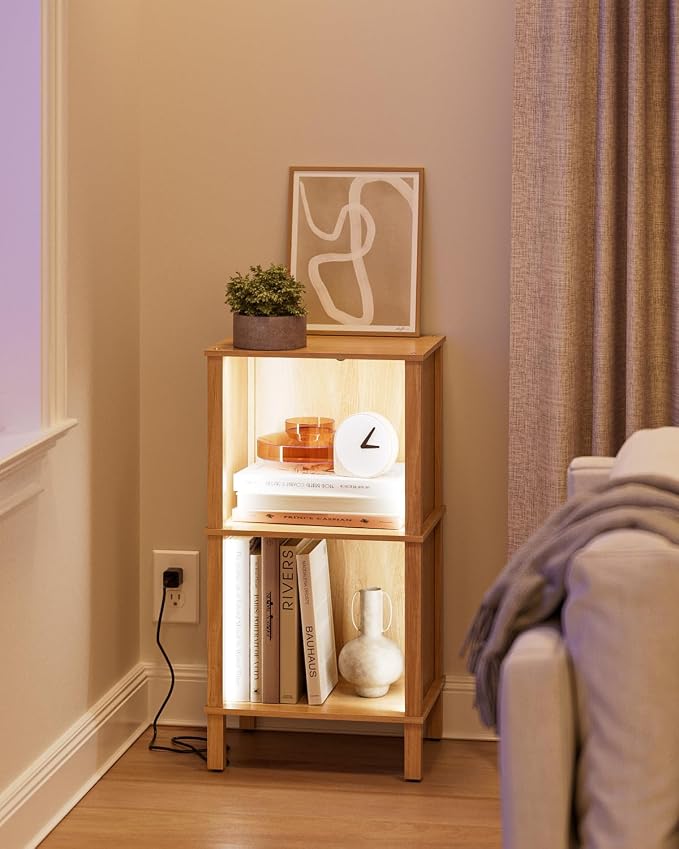Bookshelf with LED Lights, Modern 2-Tier Bookcase, Open Storage Book Shelf, 11 × 14.2 × 27.4 Inches, Small Narrow Bookshelves for Living Room, Home Office, Bedroom, Natural