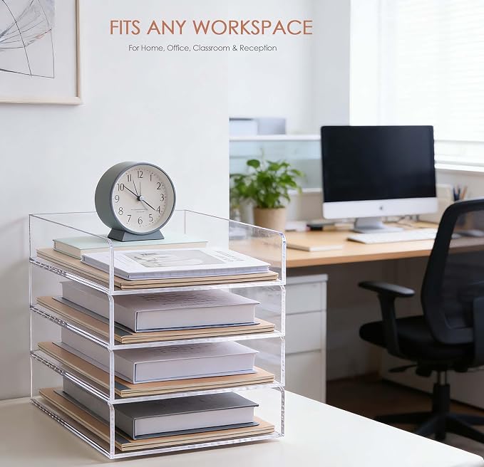 Acrylic Paper Organizer Letter Tray, Stackable Desk Organizer, 4-Tier | Desk Organizers and Accessories, Vertical File Tray, Workspace Office Supplies Organizer for Office Classroom Home, Clear