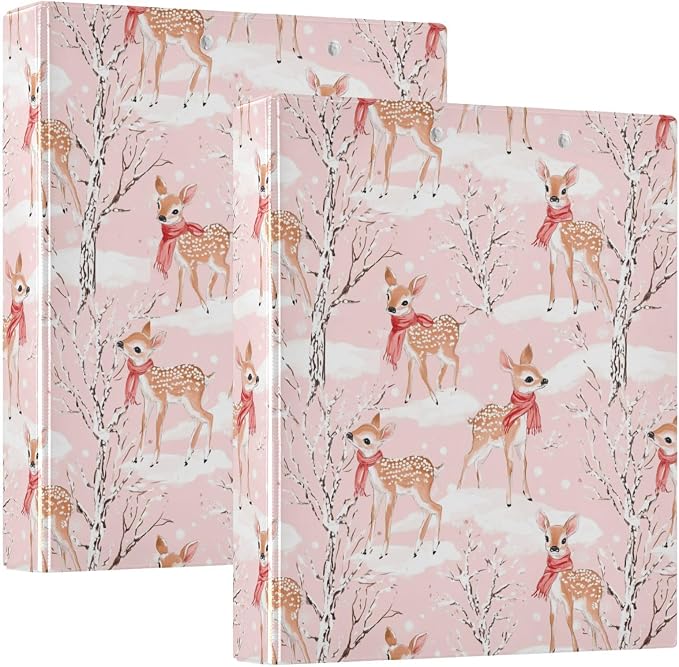 Winter Fawns and Deer Pink 3 Ring Binder 1.5" Decorative D-Ring Binder with Clipboard&3 Clear Pockets, Holds 200 Sheets A4 Size Paper Waterproof Binders for School Home Office|2 Pack