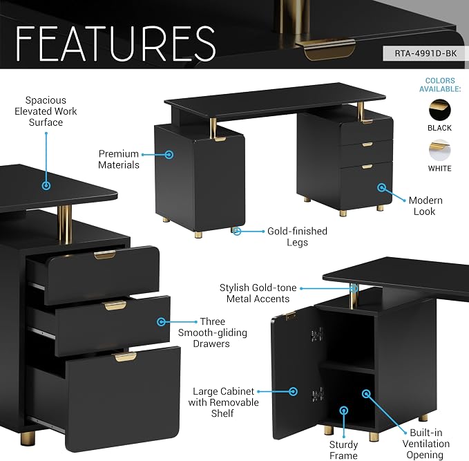 Techni Mobili 57"W Computer Desk w/ 3 Drawers & Storage Cabinet, Black/Gold | Home office workstation, durable construction, everyday productivity, Ideal for home office, Workspace organization