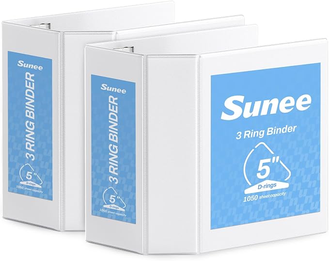 SUNEE 5 Inch Binder 3 Ring Easy Open, 5" Extra Large D Ring Clear View PVC-Free (Fit 8.5x11 Inches) for Office or School Supplies, White, 2 Pack