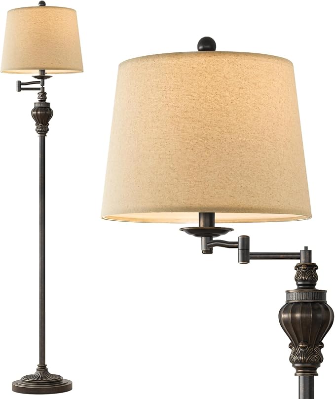 Vintage Floor Lamp with 350° Adjustable Swing Arm 61" Lamps for Living Room | Antique Brass Standing Lamp, Retro Bronze Bedroom Floor Lamp, Mid Century Farmhouse Rustic Traditional Tall Swivel Pole Lamp