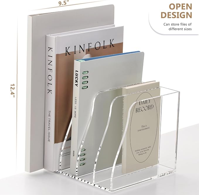SANRUI Acrylic Magazine File Holder Desk Organizer, Clear 4 Compartments | Workspace Document Sorter, Vertical Folder Rack Binder for Office Home Classroom Tablet, Books & Accessories Storage