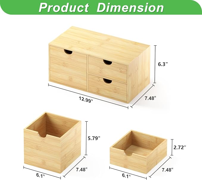 Bamboo Desk Organizer with Drawers, Desktop Storage Box for Office Supplies | 3 Drawers Desktop organizer, No Assembly Required, Natural Wood Wooden Desktop Drawers for Bills, Cosmetics, Seals, Paper