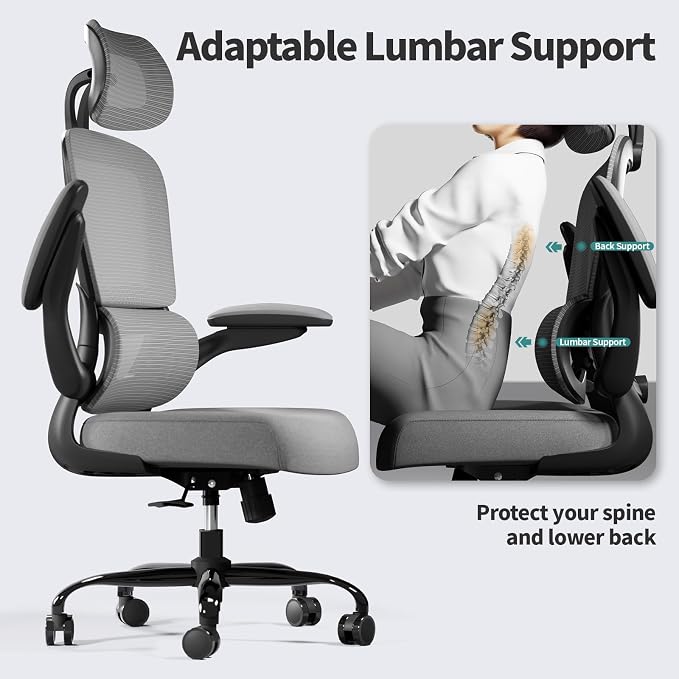 TRALT Office Chair Ergonomic Desk Chair - Gaming Chair with Lumbar Support | 330 LBS Home Office Desk Chairs with Headrest, Reading Chair with Flip-up Armrests, Comfortable Computer Chairs (1, Grey)