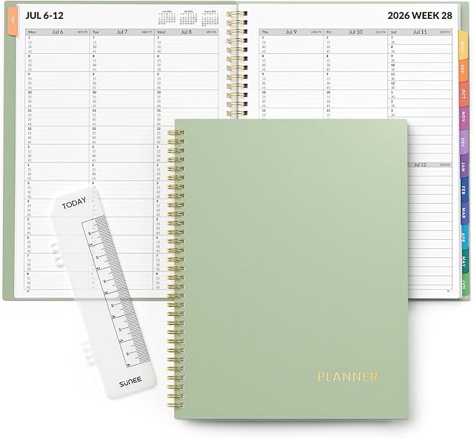 SUNEE 2026-2027 Appointment Book, Quarter-Hourly, Weekly & Monthly - from July 2026 to June 2027, 8.5"x11" Academic Planner, Flexible Cover, Note Pages, Bookmark, Spiral Binding, Sage Green