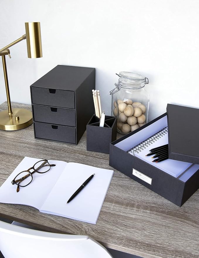 Bigso Box of Sweden Ingrid 3-Drawer Fiberboard Desk Organizer Drawers | Durable Desk Storage Organizer for Office Supplies & Accessories | Stackable Desktop Drawers | 6.3" x 9.9" x 8.1" | Light Grey