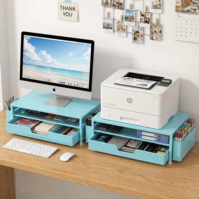 ECOLOVI Desk Organizer and Accessories, 2-Tier Computer Monitor Stand Rise with Storage Drawer & 2 Pen Holders, Laptop & Printer Stand for Desktop, Workspace Organizers for Office Supplies (Blue)