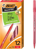 BIC Round Stic Xtra Life Ball Pen, Medium Point (1.0 mm), Red, 12-Count