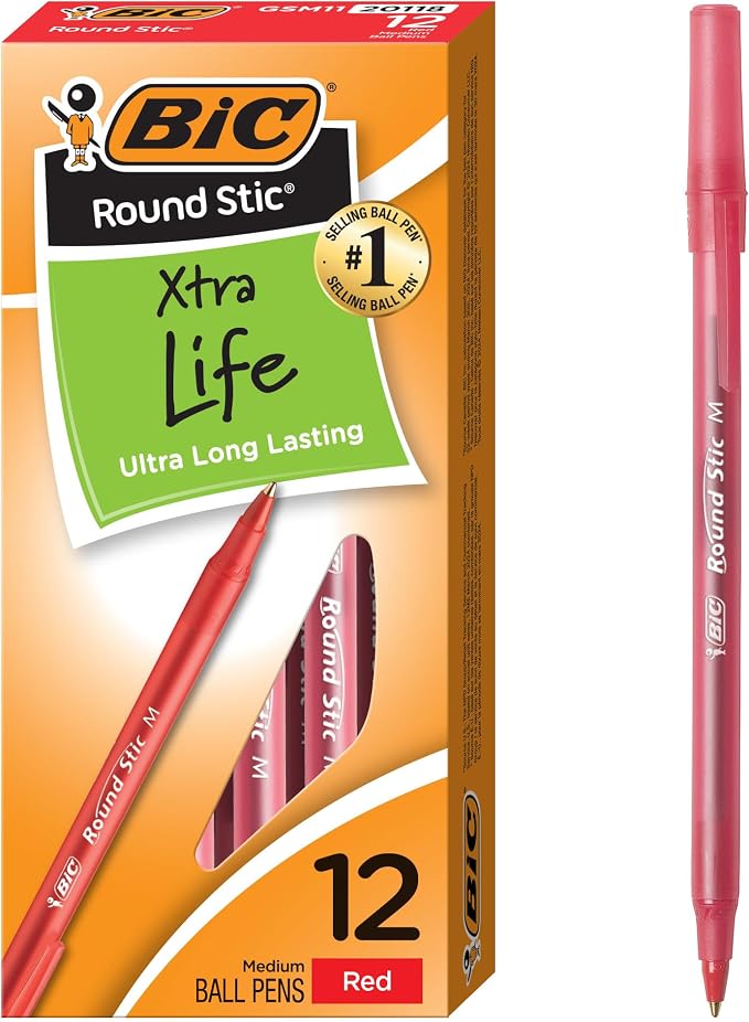 BIC Round Stic Xtra Life Ball Pen, Medium Point (1.0 mm), Red, 12-Count