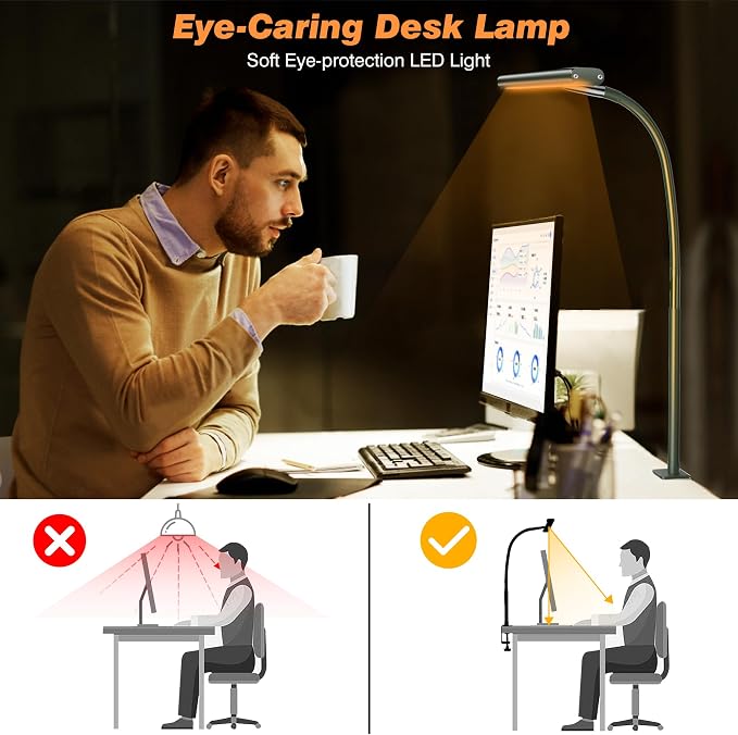 Airlonv LED Desk Lamp with Clamp, 17" Stepless Dimming Light, Green | 2700K-6500K, 100 LEDs, 360° Gooseneck, Fits Up to 30" Monitors, Flicker-Free Lighting for Home Office, Study& Workbench