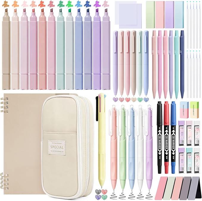 63PCS Stationery Set Aesthetic School Supplies with Pen Case & Notebook